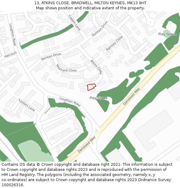 13, ATKINS CLOSE, BRADWELL, MILTON KEYNES, MK13 9HT: Location map and indicative extent of plot