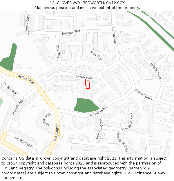 13, CLOVER WAY, BEDWORTH, CV12 0GX: Location map and indicative extent of plot