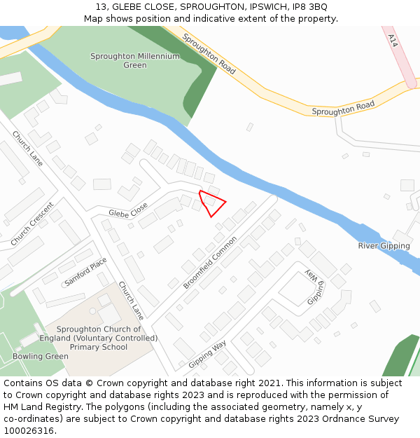 13, GLEBE CLOSE, SPROUGHTON, IPSWICH, IP8 3BQ: Location map and indicative extent of plot