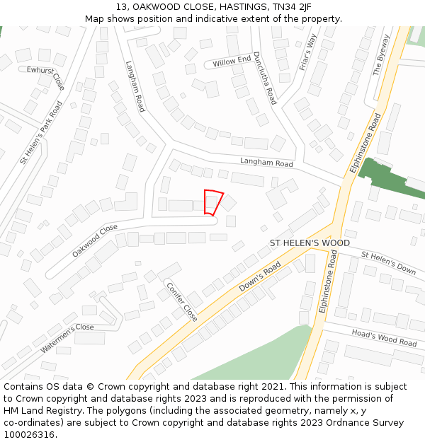 13, OAKWOOD CLOSE, HASTINGS, TN34 2JF: Location map and indicative extent of plot