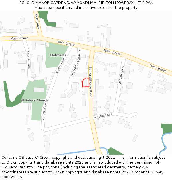 13, OLD MANOR GARDENS, WYMONDHAM, MELTON MOWBRAY, LE14 2AN: Location map and indicative extent of plot