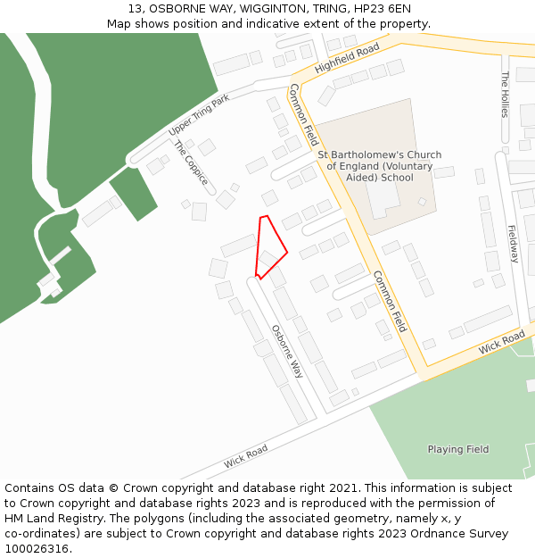 13, OSBORNE WAY, WIGGINTON, TRING, HP23 6EN: Location map and indicative extent of plot