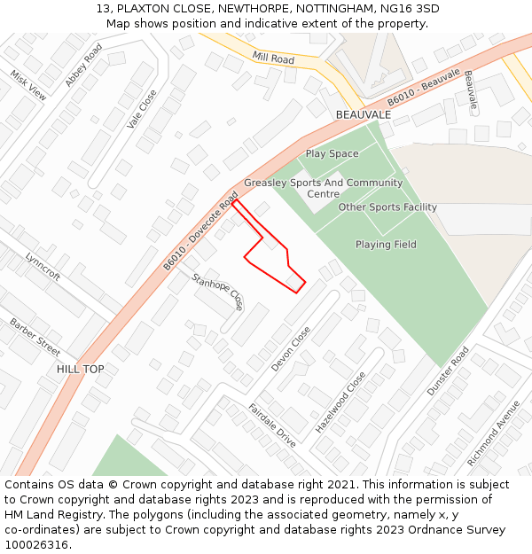 13, PLAXTON CLOSE, NEWTHORPE, NOTTINGHAM, NG16 3SD: Location map and indicative extent of plot