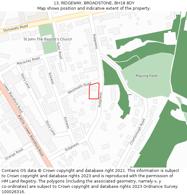 13, RIDGEWAY, BROADSTONE, BH18 8DY: Location map and indicative extent of plot