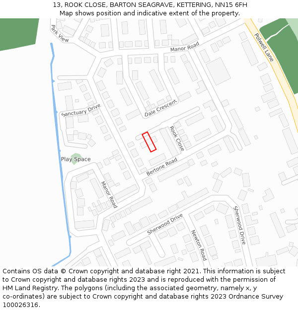 13, ROOK CLOSE, BARTON SEAGRAVE, KETTERING, NN15 6FH: Location map and indicative extent of plot