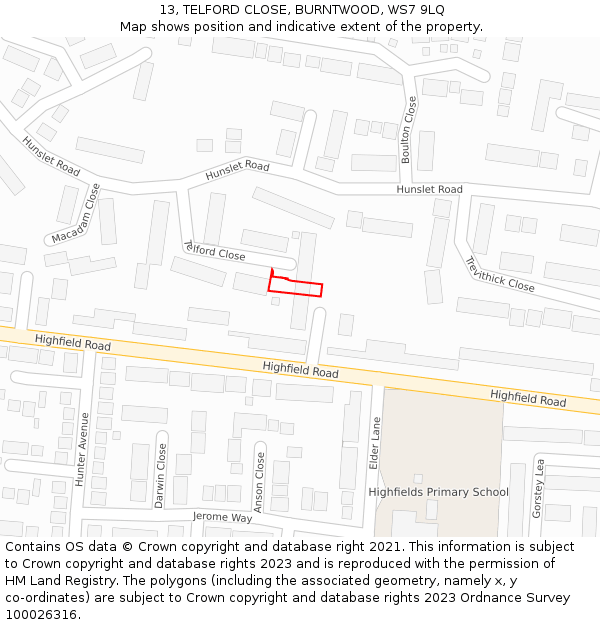 13, TELFORD CLOSE, BURNTWOOD, WS7 9LQ: Location map and indicative extent of plot