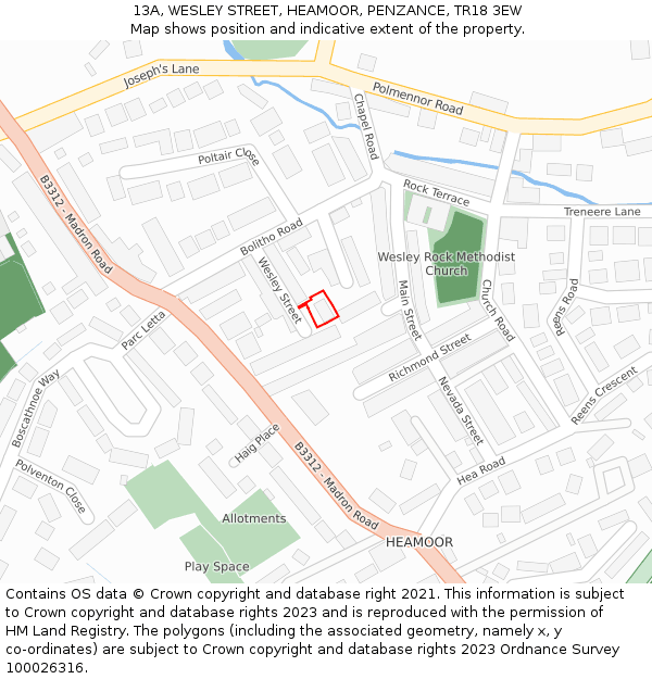 13A, WESLEY STREET, HEAMOOR, PENZANCE, TR18 3EW: Location map and indicative extent of plot