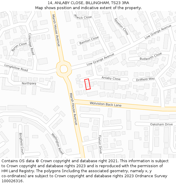 14, ANLABY CLOSE, BILLINGHAM, TS23 3RA: Location map and indicative extent of plot