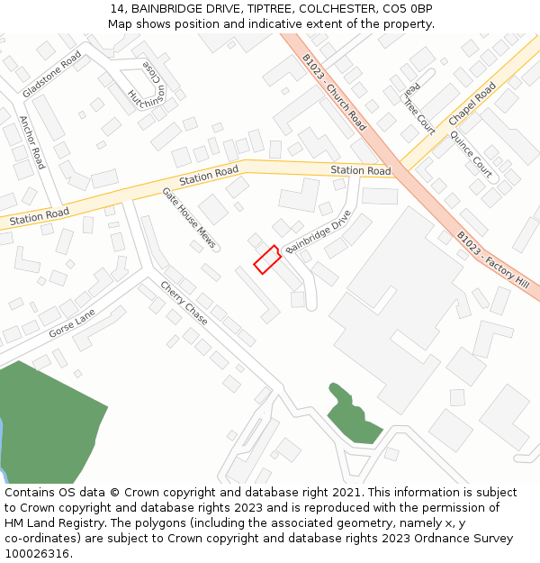 14, BAINBRIDGE DRIVE, TIPTREE, COLCHESTER, CO5 0BP: Location map and indicative extent of plot