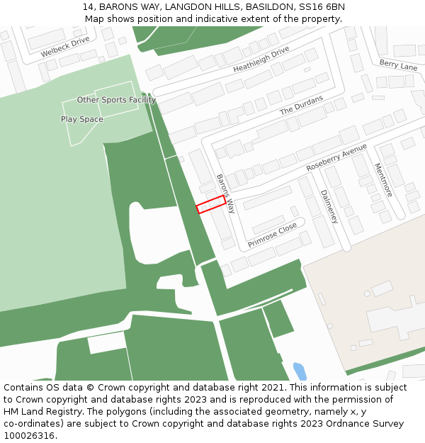 14, BARONS WAY, LANGDON HILLS, BASILDON, SS16 6BN: Location map and indicative extent of plot