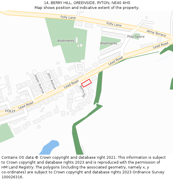 14, BERRY HILL, GREENSIDE, RYTON, NE40 4HS: Location map and indicative extent of plot