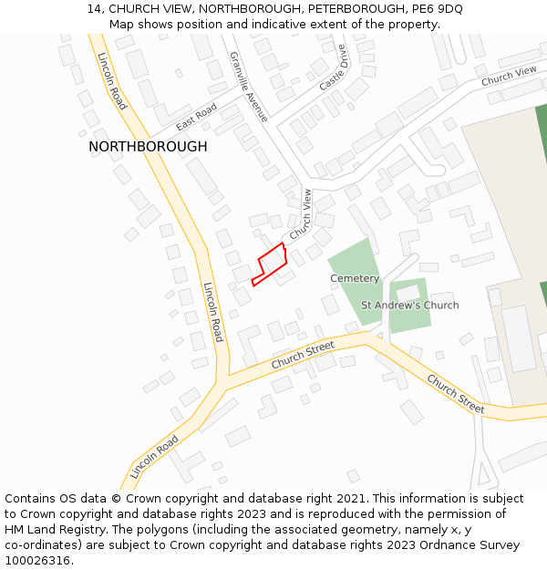 14, CHURCH VIEW, NORTHBOROUGH, PETERBOROUGH, PE6 9DQ: Location map and indicative extent of plot