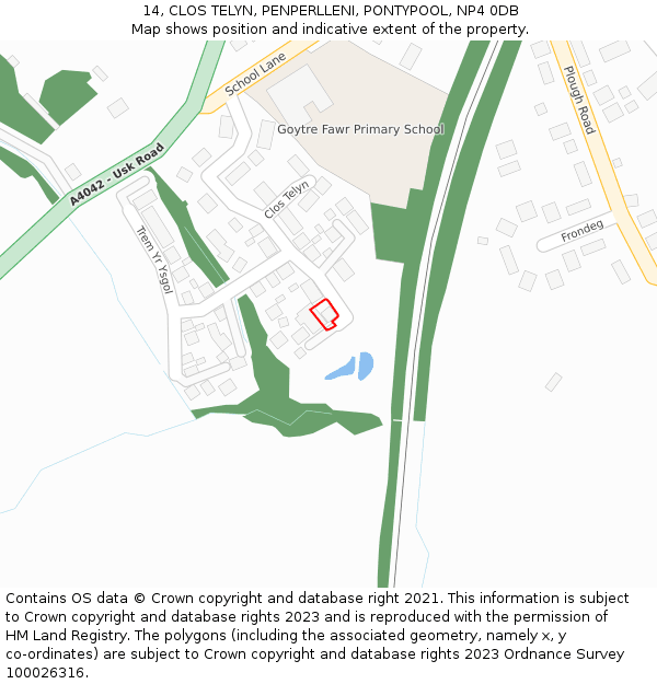 14, CLOS TELYN, PENPERLLENI, PONTYPOOL, NP4 0DB: Location map and indicative extent of plot