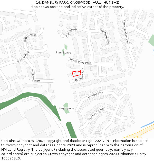 14, DANBURY PARK, KINGSWOOD, HULL, HU7 3HZ: Location map and indicative extent of plot