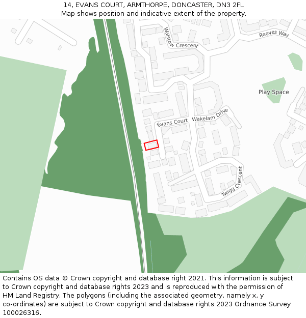 14, EVANS COURT, ARMTHORPE, DONCASTER, DN3 2FL: Location map and indicative extent of plot