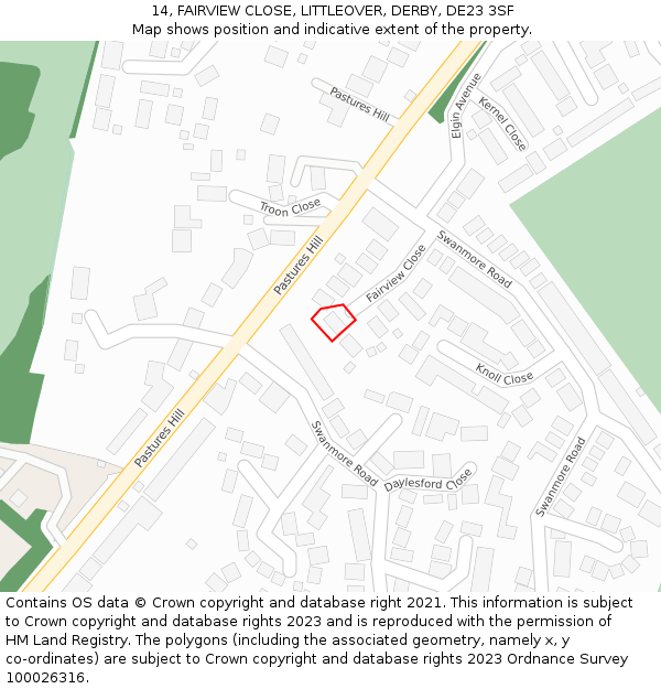 14, FAIRVIEW CLOSE, LITTLEOVER, DERBY, DE23 3SF: Location map and indicative extent of plot