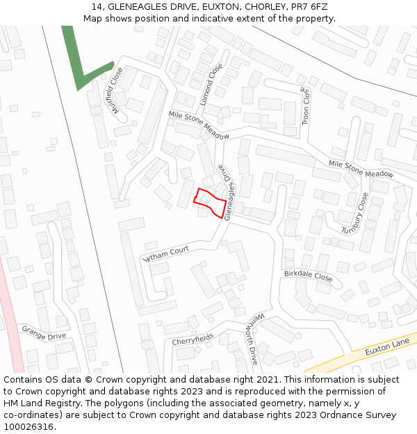 14, GLENEAGLES DRIVE, EUXTON, CHORLEY, PR7 6FZ: Location map and indicative extent of plot