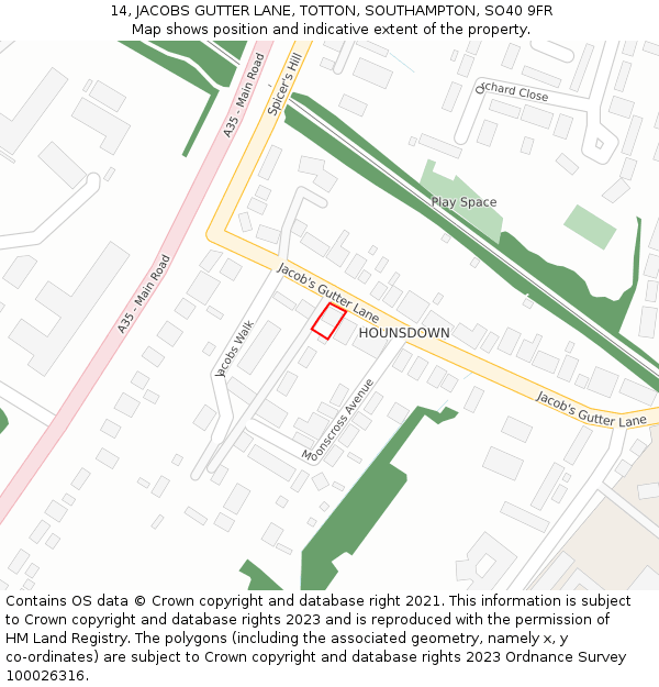 14, JACOBS GUTTER LANE, TOTTON, SOUTHAMPTON, SO40 9FR: Location map and indicative extent of plot