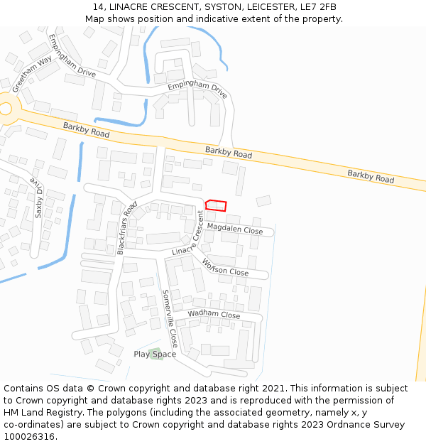 14, LINACRE CRESCENT, SYSTON, LEICESTER, LE7 2FB: Location map and indicative extent of plot