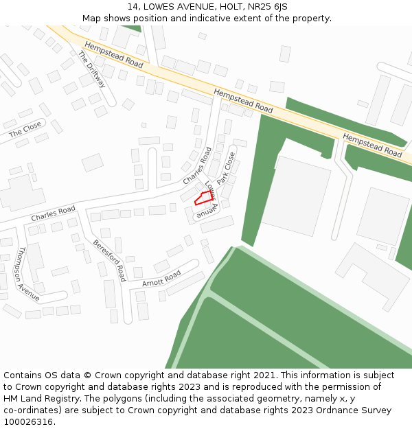 14, LOWES AVENUE, HOLT, NR25 6JS: Location map and indicative extent of plot