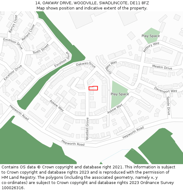 14, OAKWAY DRIVE, WOODVILLE, SWADLINCOTE, DE11 8FZ: Location map and indicative extent of plot