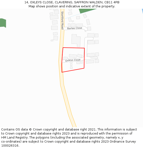 14, OXLEYS CLOSE, CLAVERING, SAFFRON WALDEN, CB11 4PB: Location map and indicative extent of plot