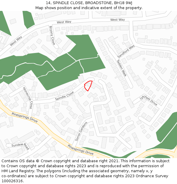 14, SPINDLE CLOSE, BROADSTONE, BH18 9WJ: Location map and indicative extent of plot