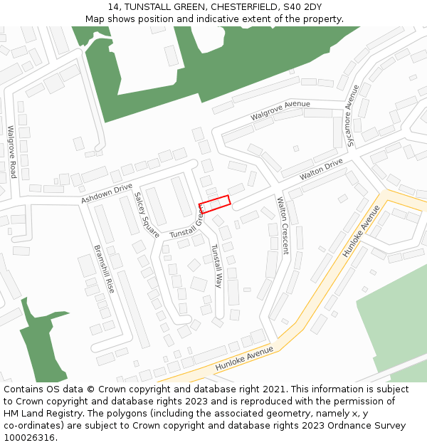 14, TUNSTALL GREEN, CHESTERFIELD, S40 2DY: Location map and indicative extent of plot