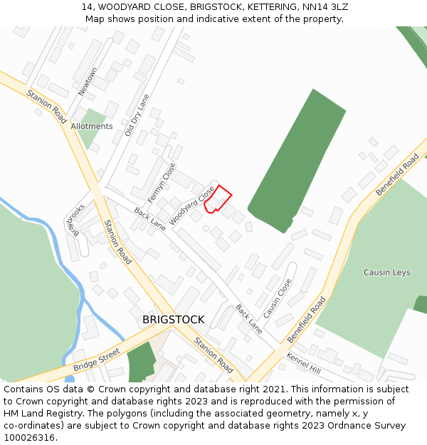 14, WOODYARD CLOSE, BRIGSTOCK, KETTERING, NN14 3LZ: Location map and indicative extent of plot