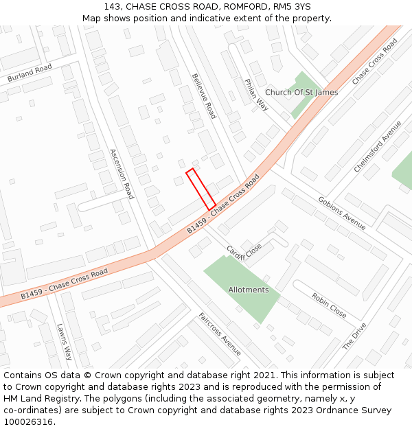 143, CHASE CROSS ROAD, ROMFORD, RM5 3YS: Location map and indicative extent of plot