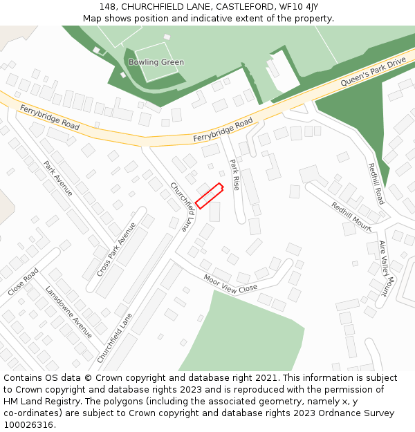 148, CHURCHFIELD LANE, CASTLEFORD, WF10 4JY: Location map and indicative extent of plot