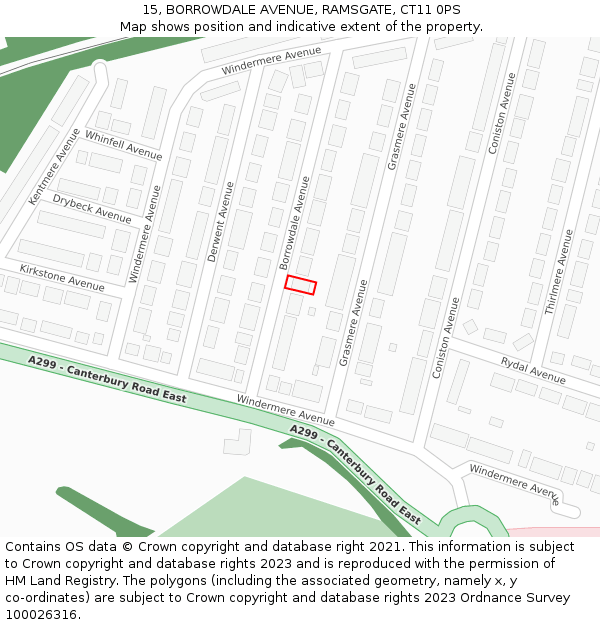 15, BORROWDALE AVENUE, RAMSGATE, CT11 0PS: Location map and indicative extent of plot