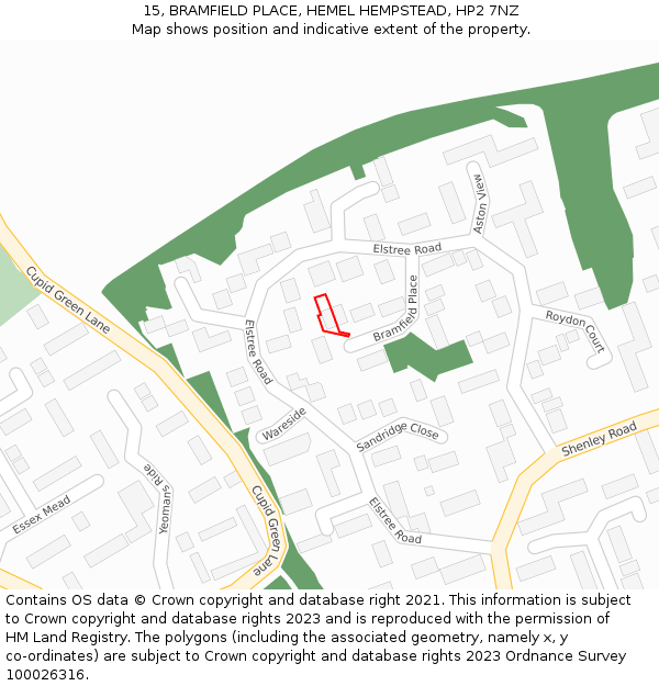 15, BRAMFIELD PLACE, HEMEL HEMPSTEAD, HP2 7NZ: Location map and indicative extent of plot