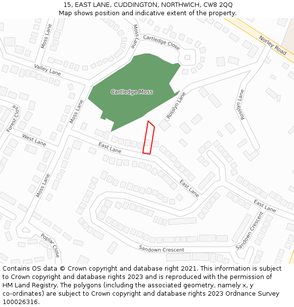 15, EAST LANE, CUDDINGTON, NORTHWICH, CW8 2QQ: Location map and indicative extent of plot