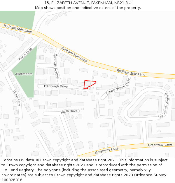 15, ELIZABETH AVENUE, FAKENHAM, NR21 8JU: Location map and indicative extent of plot