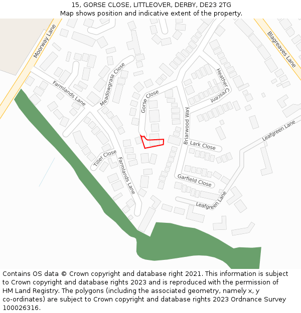 15, GORSE CLOSE, LITTLEOVER, DERBY, DE23 2TG: Location map and indicative extent of plot