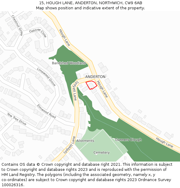 15, HOUGH LANE, ANDERTON, NORTHWICH, CW9 6AB: Location map and indicative extent of plot