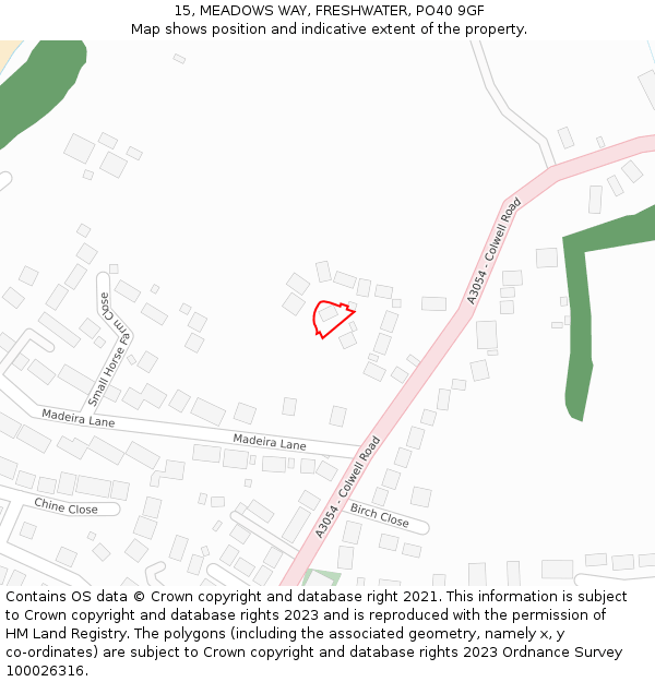 15, MEADOWS WAY, FRESHWATER, PO40 9GF: Location map and indicative extent of plot