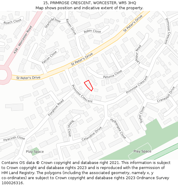 15, PRIMROSE CRESCENT, WORCESTER, WR5 3HQ: Location map and indicative extent of plot