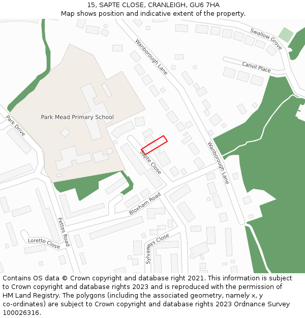 15, SAPTE CLOSE, CRANLEIGH, GU6 7HA: Location map and indicative extent of plot