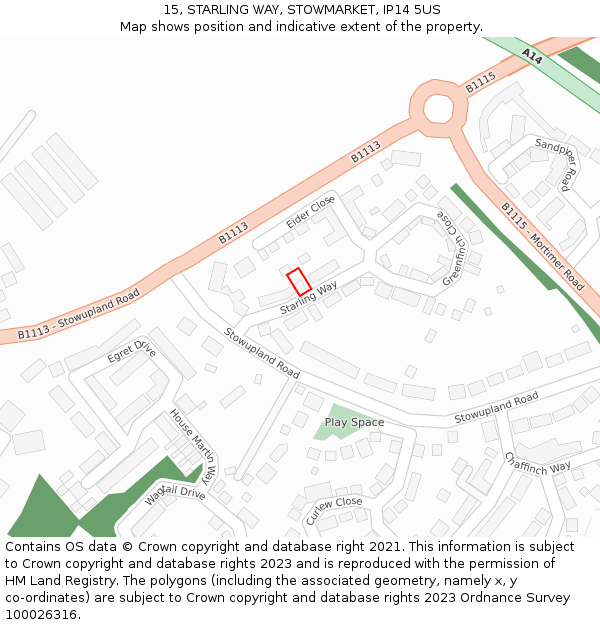 15, STARLING WAY, STOWMARKET, IP14 5US: Location map and indicative extent of plot