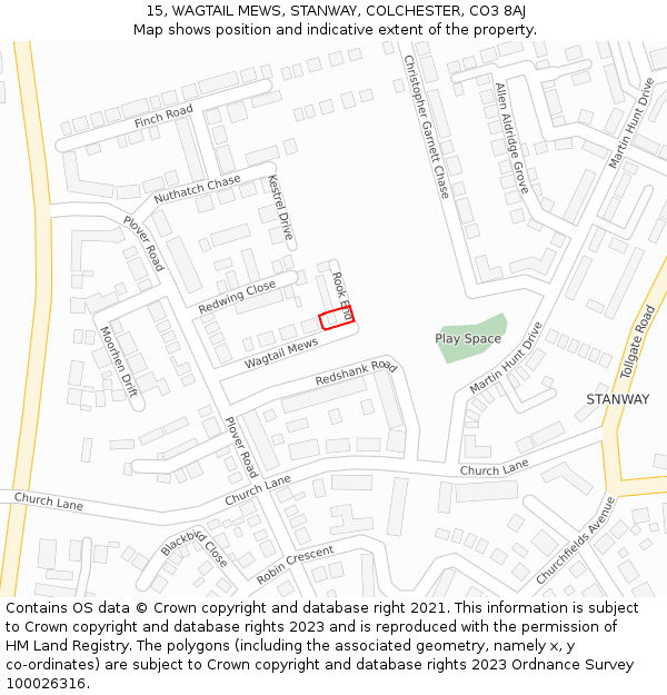 15, WAGTAIL MEWS, STANWAY, COLCHESTER, CO3 8AJ: Location map and indicative extent of plot