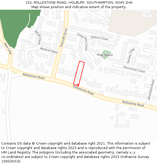 152, ROLLESTONE ROAD, HOLBURY, SOUTHAMPTON, SO45 2HA: Location map and indicative extent of plot