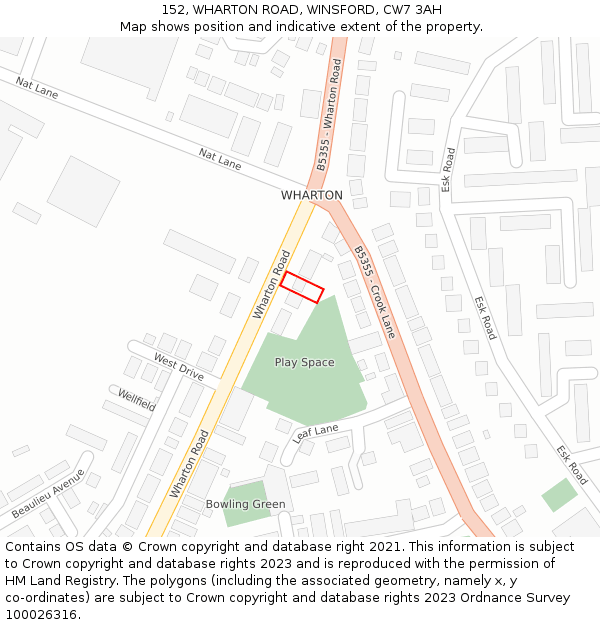 152, WHARTON ROAD, WINSFORD, CW7 3AH: Location map and indicative extent of plot