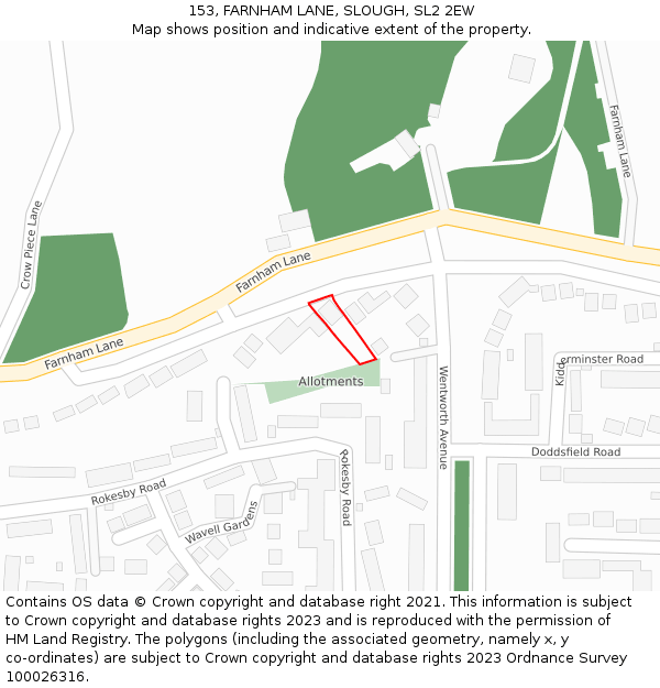 153, FARNHAM LANE, SLOUGH, SL2 2EW: Location map and indicative extent of plot