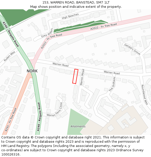 153, WARREN ROAD, BANSTEAD, SM7 1LT: Location map and indicative extent of plot