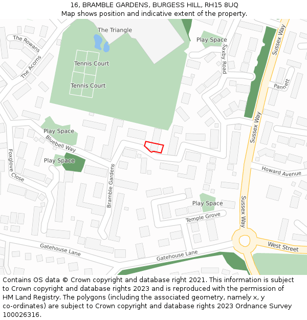 16, BRAMBLE GARDENS, BURGESS HILL, RH15 8UQ: Location map and indicative extent of plot