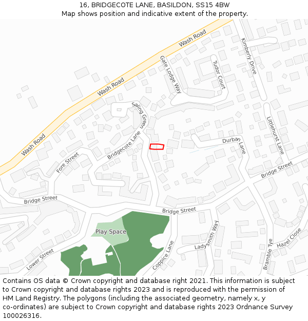 16, BRIDGECOTE LANE, BASILDON, SS15 4BW: Location map and indicative extent of plot