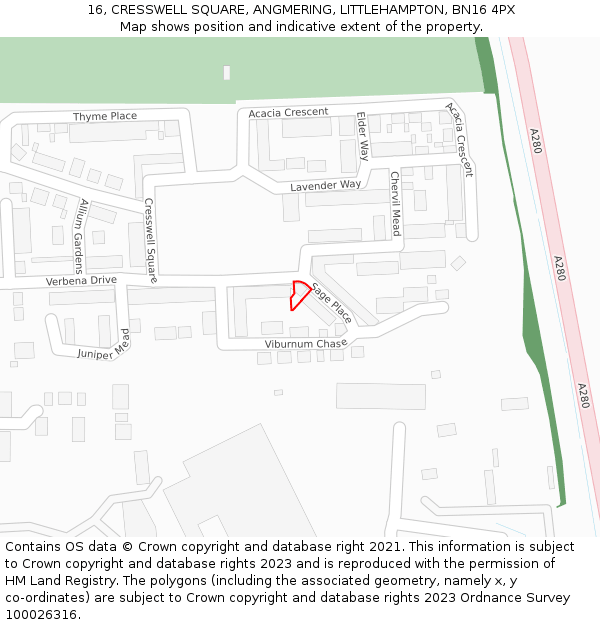 16, CRESSWELL SQUARE, ANGMERING, LITTLEHAMPTON, BN16 4PX: Location map and indicative extent of plot