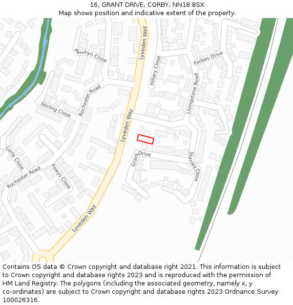 16, GRANT DRIVE, CORBY, NN18 8SX: Location map and indicative extent of plot